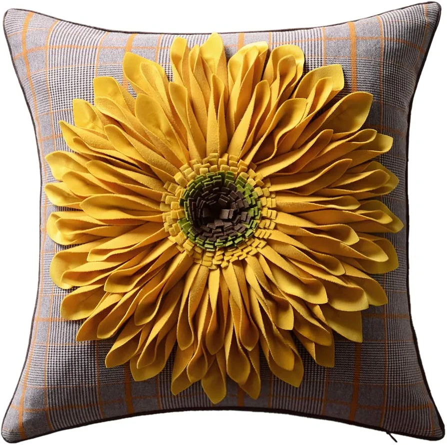 3D Sunflower Handmade Throw Pillow Cover Decorative Pillowcase Yellow Plaid for Home Bed Living Room Decor 18 x 18 Inch