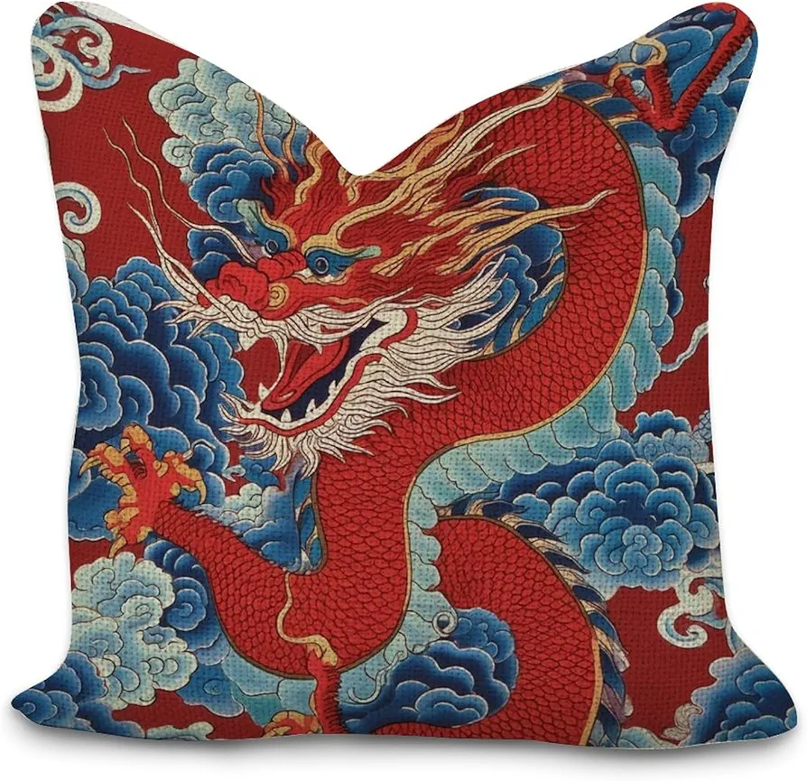 Orange Red and Blue Chinese Dragon Cushion Cover Cases with Zipper 16x16in Farmhouse Cotton Linen Square Throw Pillow Cases for Living Room Bed Couch Sofa Chair Home Décor Housewarming Gifts