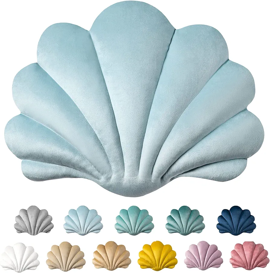 Ashler 3D Throw Pillows Shell Shaped Accent Throw Pillow, Soft Velvet Insert Included Cushion for Couch Bed Living Room, Pack of 1, Light Blue, 14 X 11 inches