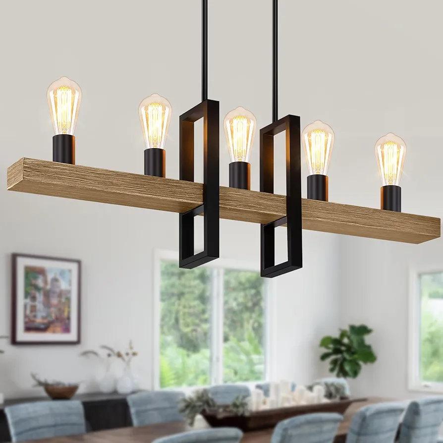 Kitchen Island Lighting 60 inch, 5-Light Dining Room Light Fixture, Adjustable Farmhouse Linear Chandelier Over Table, Pool Table Lights, Pendant Light, Black & Wood Finish Ceiling Hanging Lights