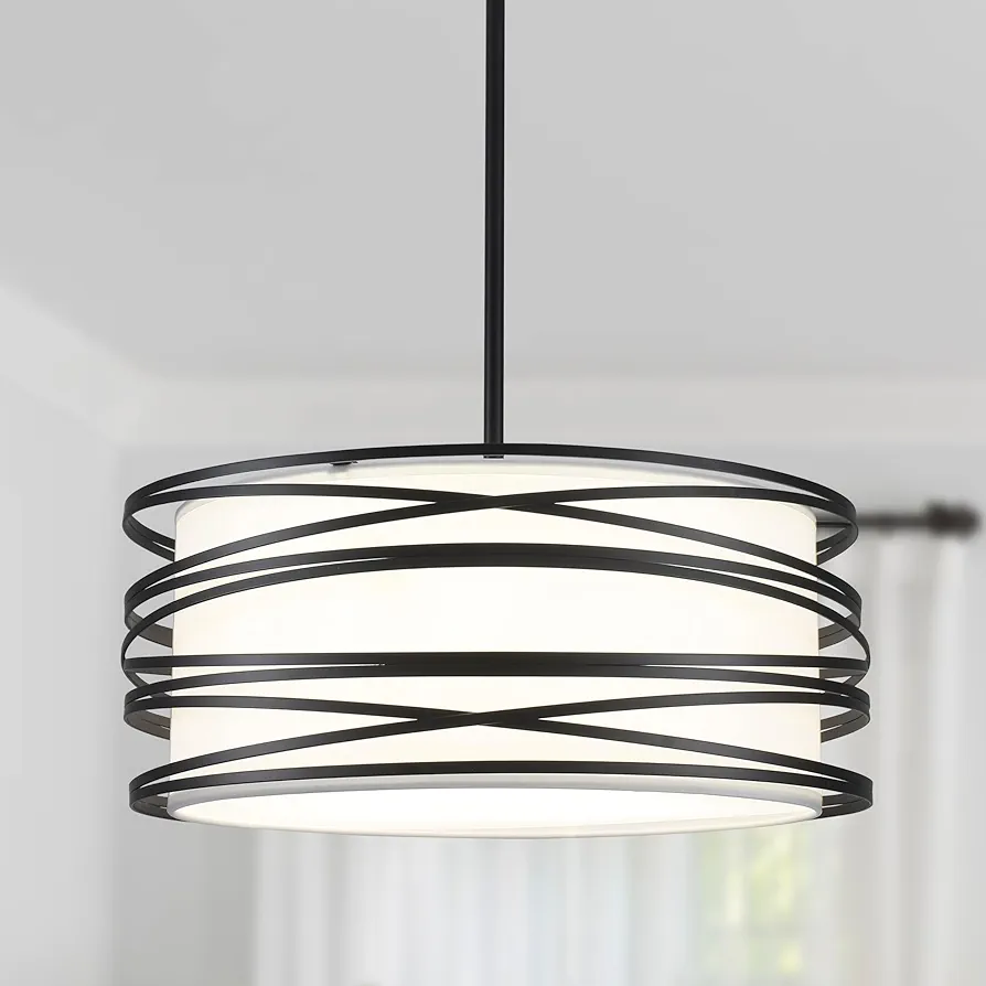 16" Black Drum Pendant Lighting Kitchen Island 3-Light Modern Farmhouse Chandelier with White Fabric Shade Rustic Hanging Light Fixtures for Dining Room Hallway Bedroom Foyer