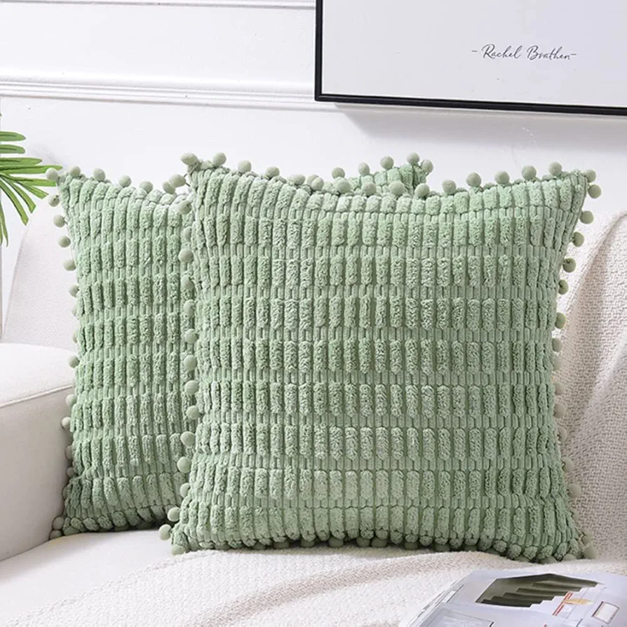 Fancy Homi 2 Packs Sage Green Decorative Throw Pillow Covers 18x18 Inch with Pom-poms for Couch Bed Living Room, Farmhouse Boho Home Decor, Soft Corduroy Cute Square Cushion Case 45x45 cm