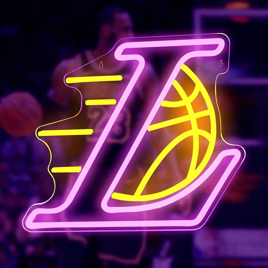 Lakers Sports Team Neon Sign Basketball Los Angeles Team Logo Neon Lights for Man Cave,Sport Signs Decor for Bedroom,Bar,Club,Teens Room，16.1 * 13in