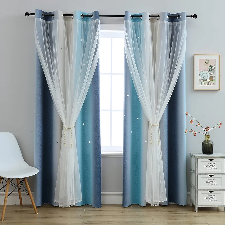 Anytime Star Cutout Curtains for Girls Room，Black Out Kids Curtains Pink Drapes for Windows(Blue,1 Panel,W52 x L63inch)