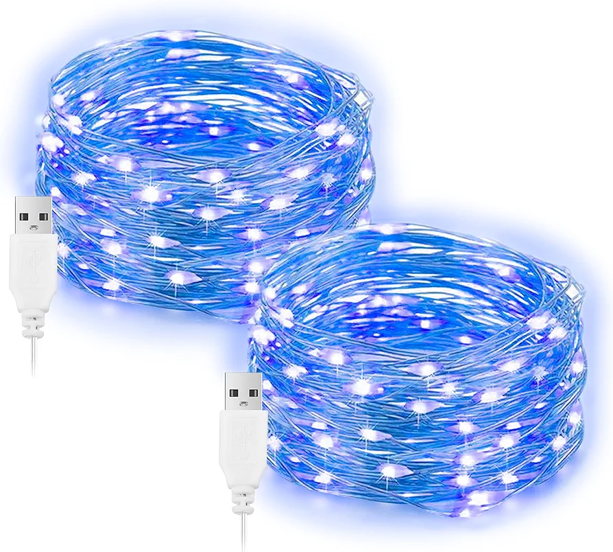 EvaStary 33FT Star String Lights, Blue Star Fairy Light with 100LED USB Operated Waterproof, Room Decor for Indoor Outdoor, Bedroom Bed Patio Garden, Christmas Wedding Party, 2 Pack