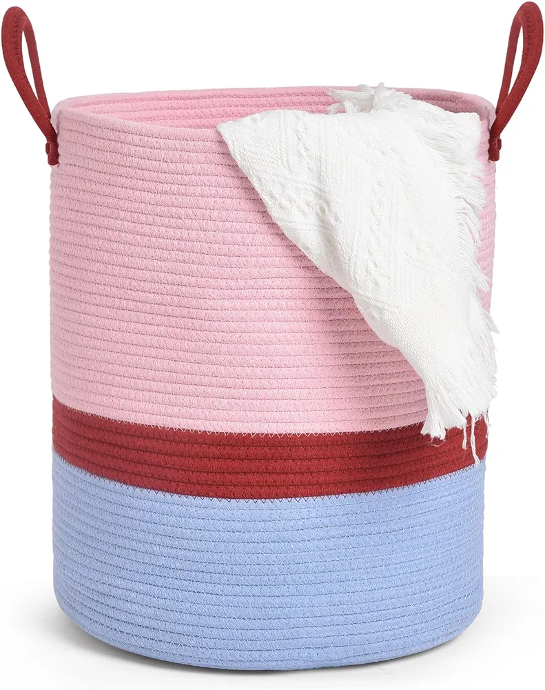 Large Laundry Hamper,Tall Cotton Laundry Basket with Handles,Woven Rope Storage Basket for Blanket, Dirty Clothes in Living Room, Bathroom, Bedroom-55L Pink & Blue