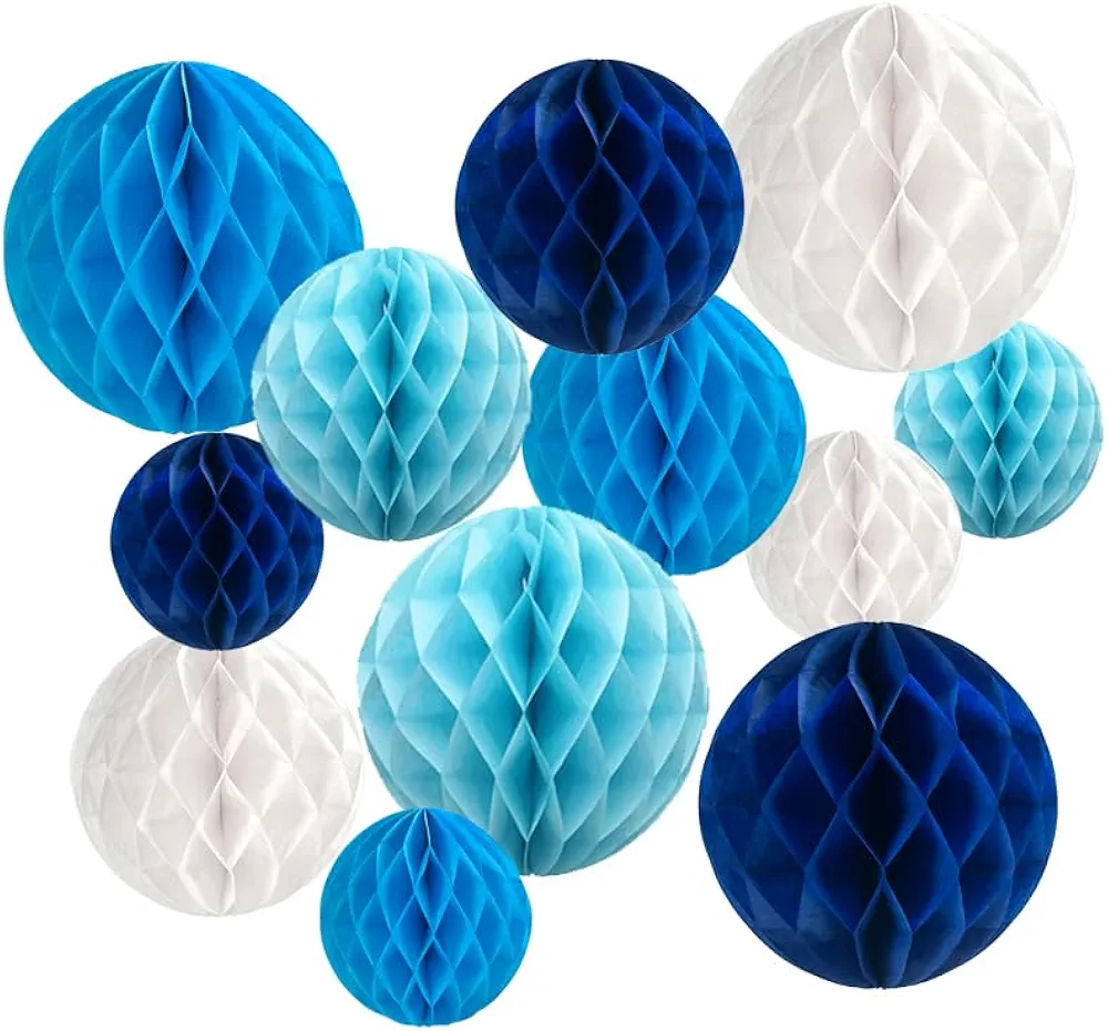 Aiminjey 12Pcs White Blue Paper Honeycomb Flower Balls 6'' 8'' 10'' Decorative Tissue Honeycomb Balls Paper Pom Poms Hanging Flower Balls Craft Kit for Wedding Nursery Room Home Party Décor