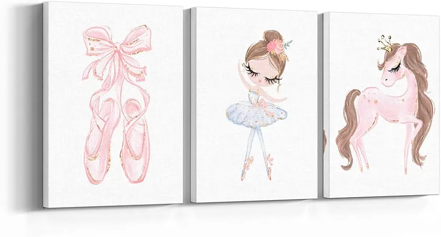 CARANGA Ballerina Wall Art Canvas Pictures Ballet Poster Baby Girl Room Decor for Nursery Wall Art Pink Decorations for Bedroom (Ballet, 12x16inch x3)