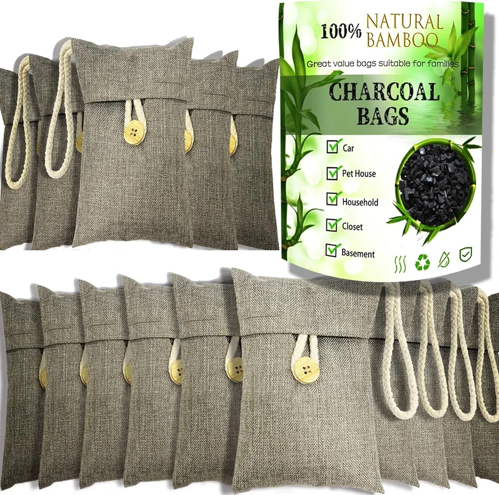 Charcoal bags Odor Absorber Activated Bamboo Charcoal Air Purifying Bag for Home Odor Eliminator Car Air Freshener for Closet Deodorizer Shoe Room Basement Litter Box Pet safe Bag 15Packs×100g