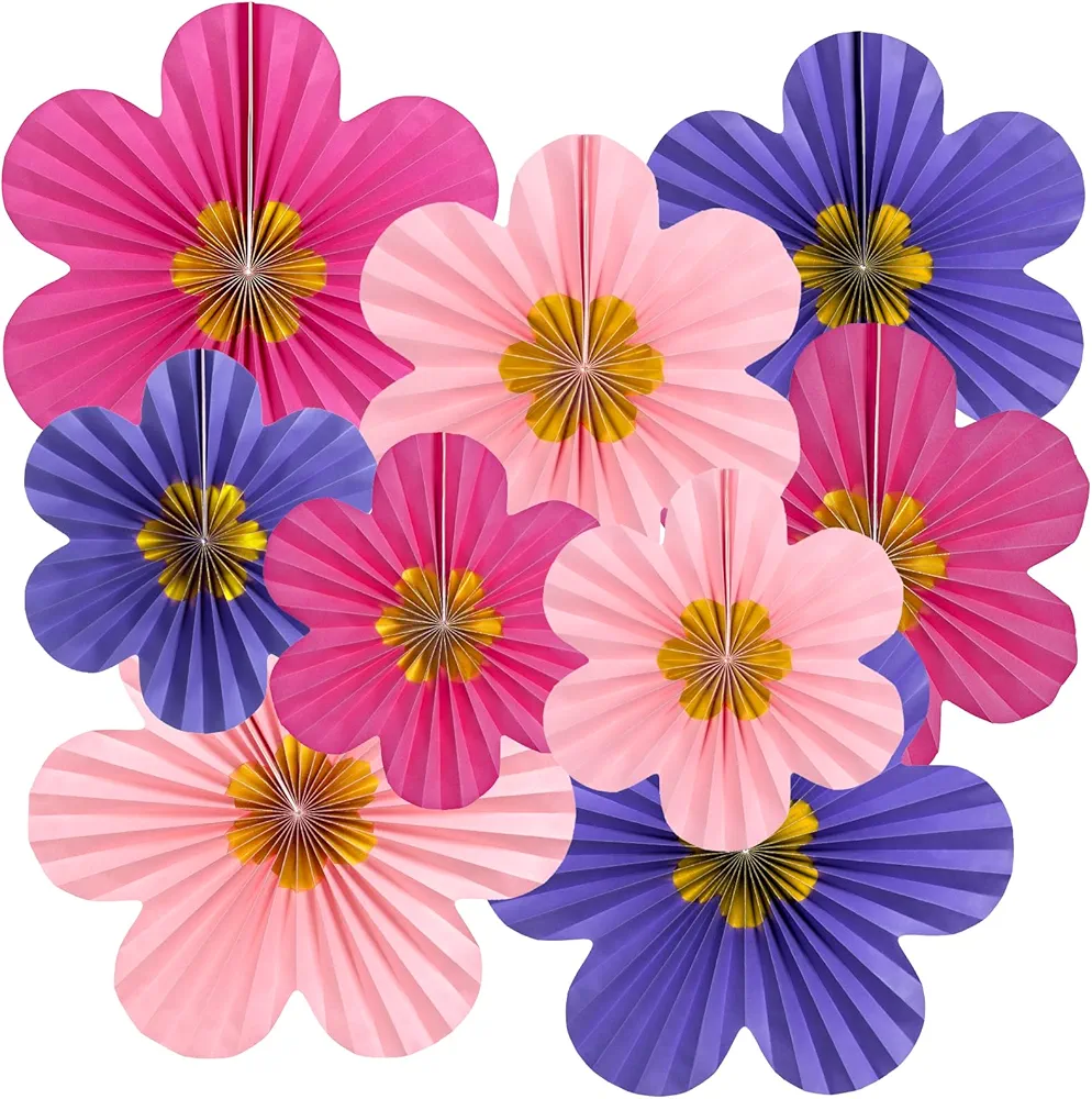 9 PCS Paper Flowers Decorations, Pink and Purple Birthday decorations, Paper Fans, Classroom Decoration Paper Floral Backdrop Decor Paper Fans Decoration