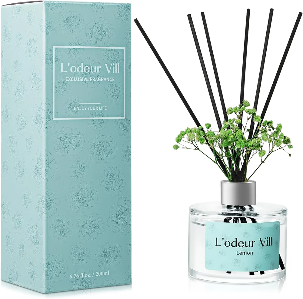 L'odeur Vill Reed Diffuser Set, 6.7 oz(200ml) Lemon Scented Diffuser with 6 Oil Diffuser Sticks, Home Fragrance Essential Oil Reed Diffuser for Home Large Rooms Bathroom Shelf Decor