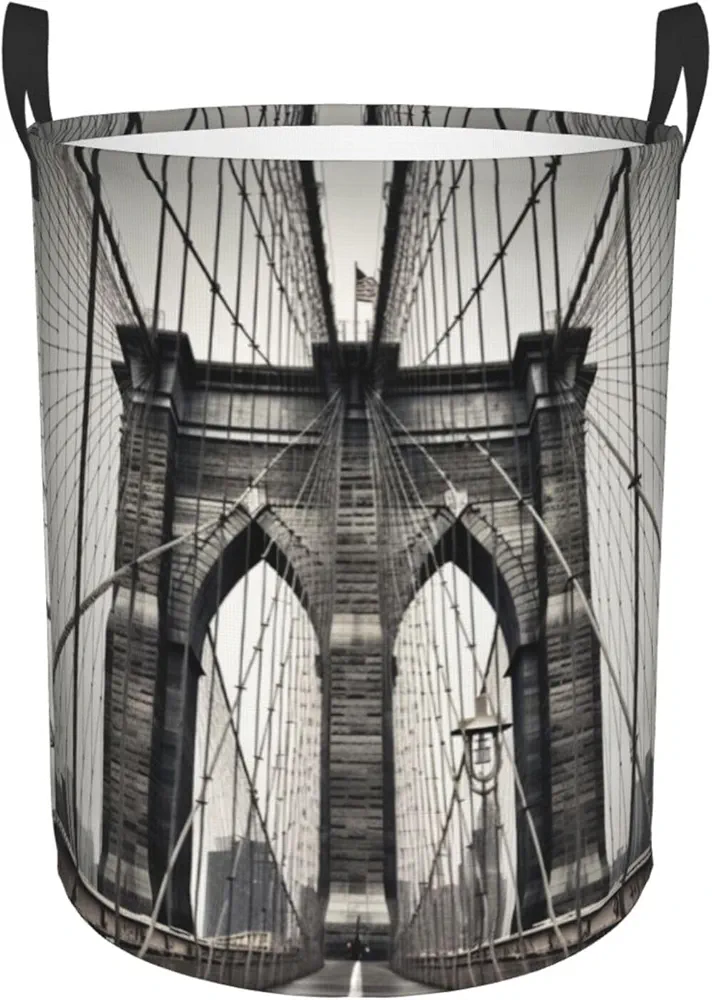 Brooklyn Bridge Print Laundry Hamper Circular Waterproof Storage Basket Protable Dirty Clothes Hamper Storage Bin For Home Organizer Living Room Bathroom Car