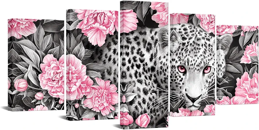 Visual Art Large Leopard Wall Art Black and White Animal in Flower Bush Pictures Framed Canvas Prints Modern African Animal Decoration for Girl Bedroom Offce Living Room Decoration 50"Wx24"H Pink