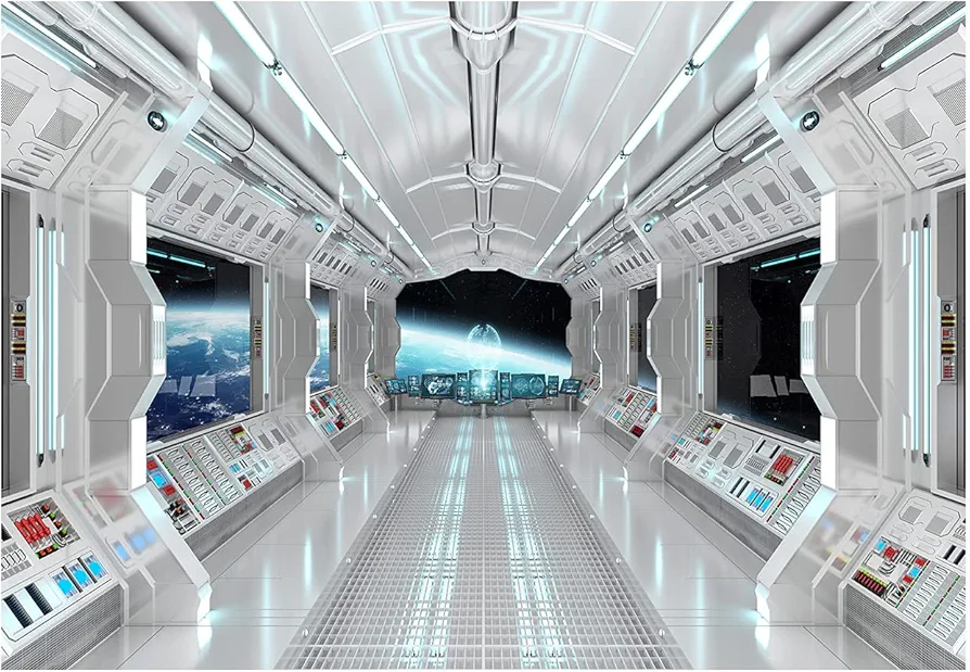 7X5FT Spaceship Interior Science Fiction Series Background with Earth Background Window View Spaceship Photography Background Space Station Children's Room Decoration Photo Shooting YY-2001