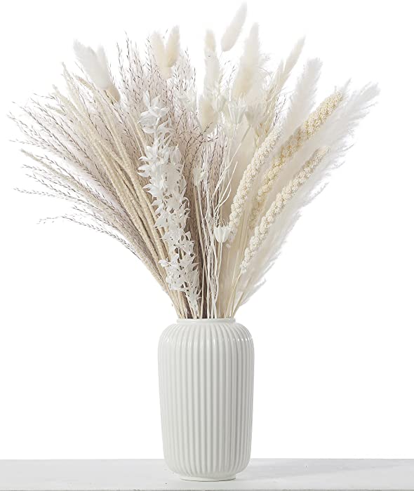 Natural Dried Pampas Grass - 85 Stems Dried Flowers Arrangements – Includes 17 Inch White Pompous Grass, Bunny Tails, Natural Reed Grass – Boho Home Decor Ideal for Wedding Decoration