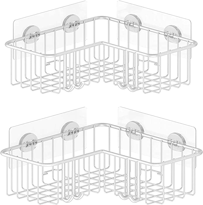 SMARTAKE 2-Pack Corner Shower Caddy, Adhesive Bath Shelf with Hooks, SUS304 Stainless Steel Storage Organizer for Bathroom, Toilet, Kitchen and Dorm, Only for 90 Degrees Right Angle, White