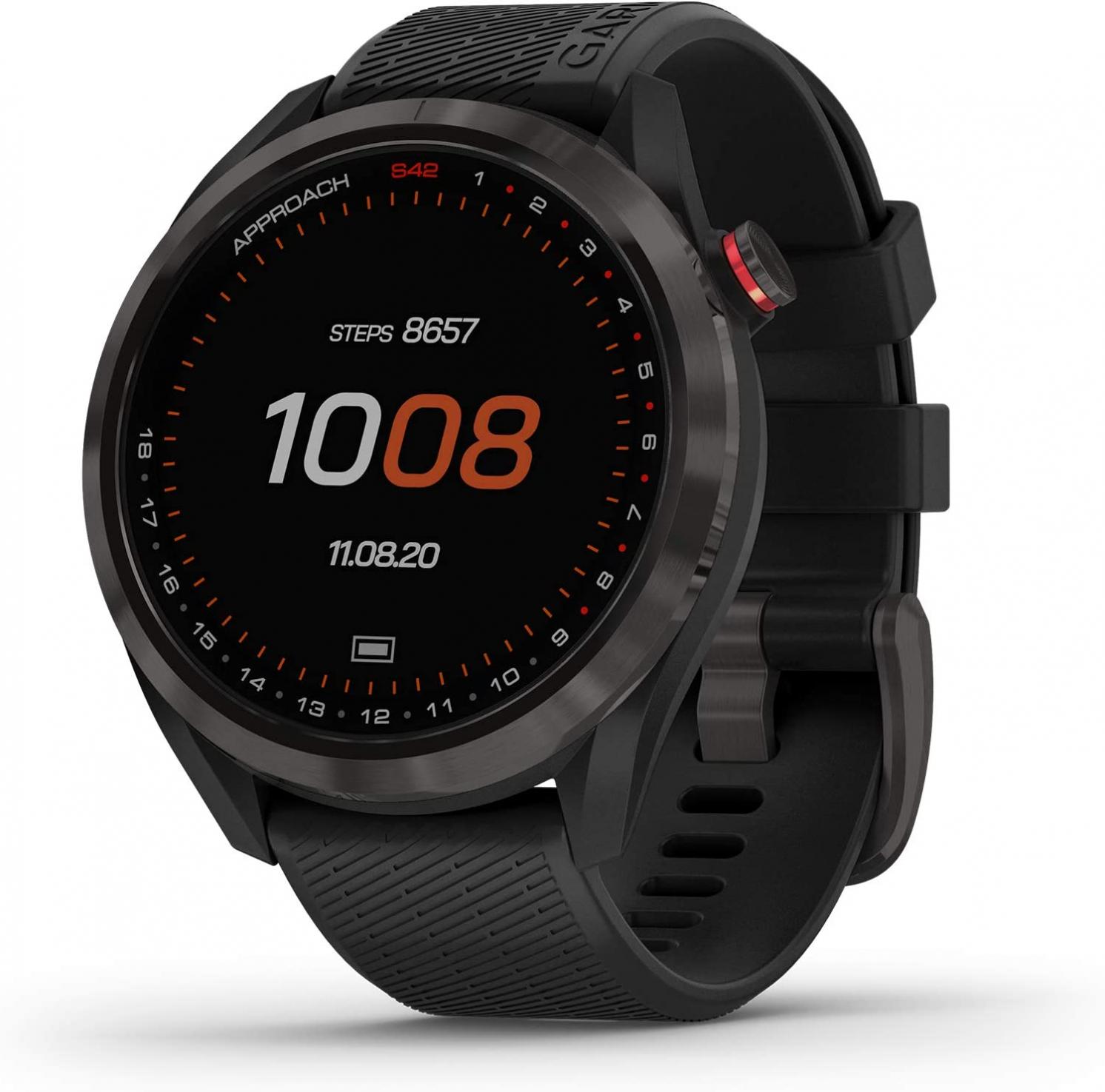 Garmin Approach S42, GPS Golf Smartwatch, Lightweight with 1.2" Touchscreen, 42k+ Preloaded Courses, Gunmetal Ceramic Bezel and Black Silicone Band, 010-02572-10