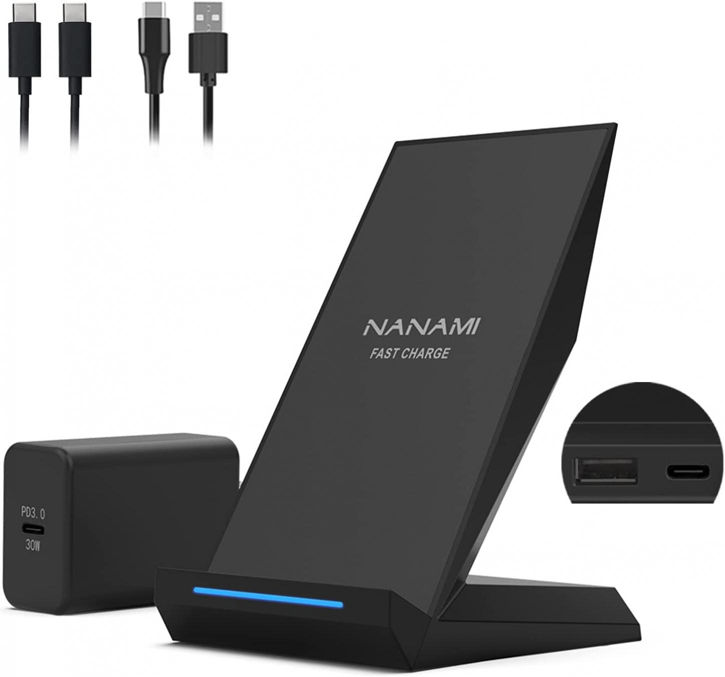 NANAMI 30W Max Wireless Charger, Qi Certified Fast Charging Stand With USB-A Port, Compatible iPhone 14/13/12/11 Pro/XS Max/XR/8, Galaxy S22/S21/S20/S10/S9, Note 20/10/9(with PD Adapter Phone Charger)