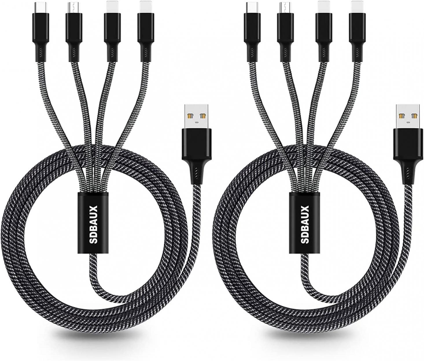 SDBAUX Multi USB Charging Cable 2Pack/4FT, 3A 4 in1 Fast Charger Cord Connector with Dual IP/Type C/Micro USB Port Adapter, Compatible with Tablets/Mobile Phone and More