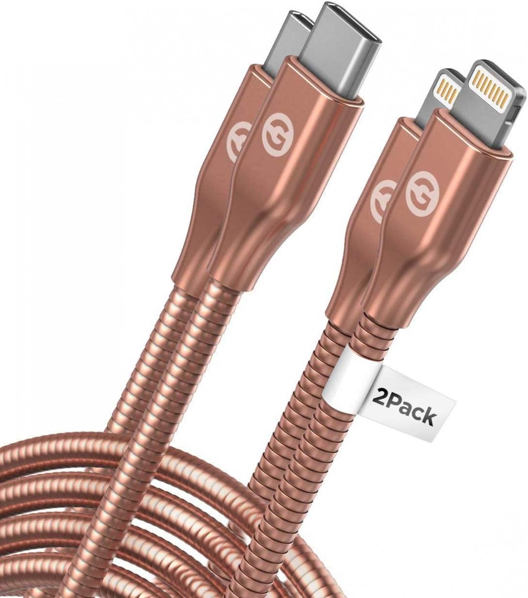 Galvanox (2 Pack) Apple MFi Certified Lightning to USB-C Charger Cables (Ultra-Durable) Braided Metal Cords Compatible with iPhone 14 Pro Max/13/12/11/Xs/XR (Rose Gold)