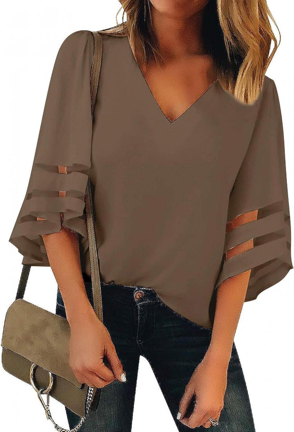 LookbookStore Women's V Neck Mesh Panel Blouse 3/4 Bell Sleeve Loose Top Shirt