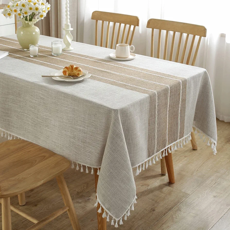 Tablecloths for Rectangle Tables, Cotton Linen Table Cloth Waterproof Tablecloth Wrinkle Free Farmhouse Dining Table Cover, Soft Fabric Table Cloths with Tassels, Brown, 55" X 70", 4-6 Seats