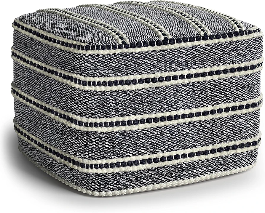 SIMPLIHOME Corrie 18 Inch Boho Square Woven Outdoor/ Indoor Pouf in Navy and White Recycled PET Polyester, For the Living Room, Bedroom and Kids Room