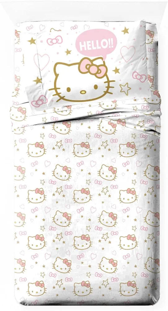 Jay Franco Hello Kitty Twin Size Sheet Set - Super Soft 3 Piece Stars & Hearts Bedding Set - Microfiber Sheets includes Reversible Pillow Covers