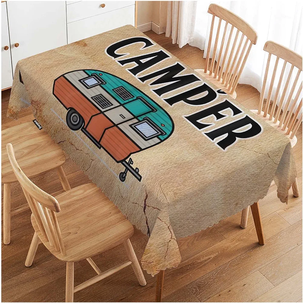 Swono 52x70 Inch Happy Camper Tablecloth Retro Car Camping Outdoor Farmhouse Dining Table Cloth Anti-Stain Talking Table Cover for Kitchen Dinning Room Coffee Store