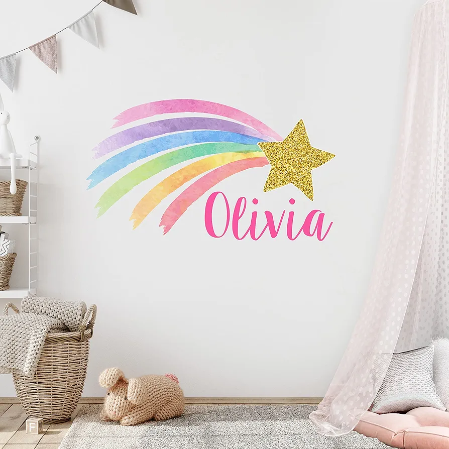 Custom Name Wall Decal - Shooting Star Rainbow Wall Decals - Personalized Name Wall Sticker - Pastel Rainbow Gold Glitter Star Wall Art - Wall Decal for Girls Bedroom Nursery Decor