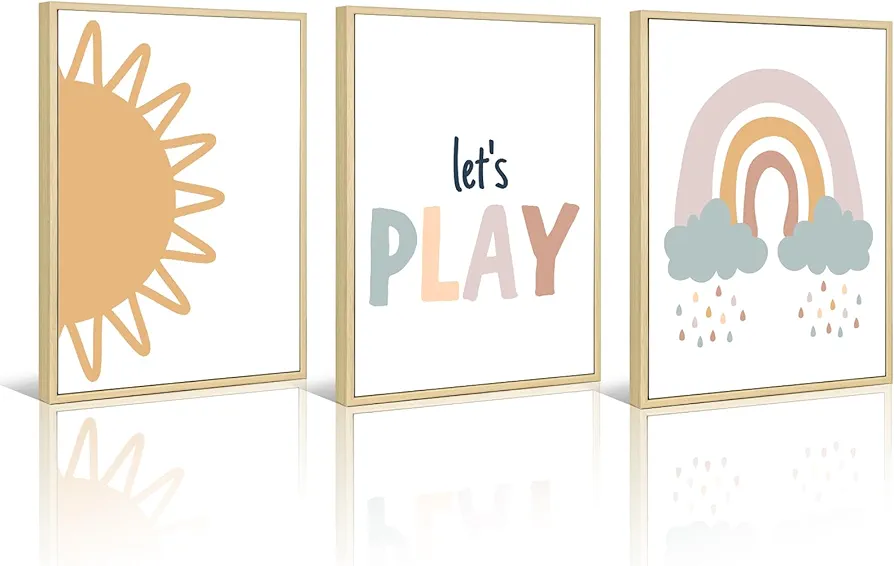 Playroom Nursery Wall Art Decor Boho Baby Girl Canvas Rainbow Wall Art Kids Room Prints Nursery Pictures Play Sign Kids Artwork Posters Baby Girl Painting for Bedroom 12x16 Inch Framed Set of 3