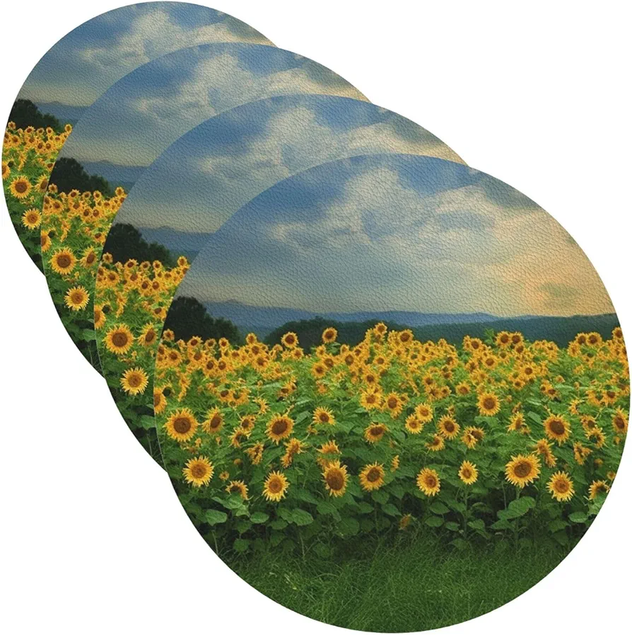 Drink Coasters with Holder Grassland and Sunflower Leather Coasters Round Coaster for Drinks Tabletop Protection Cup Mat Decorate Cup pad for Coffee Table Kitchen Dining Room Bar Decor