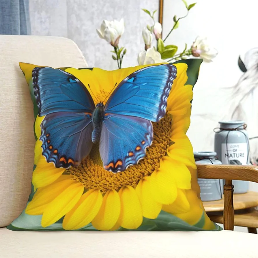 Decorative Throw Pillow Covers 16"x16" Pillow Covers for Sofa Sunflower Blue Butterfly Double Sided Couch Throw Pillow Cases Square Cushion Case for Living Room Cushion Cover for All Season