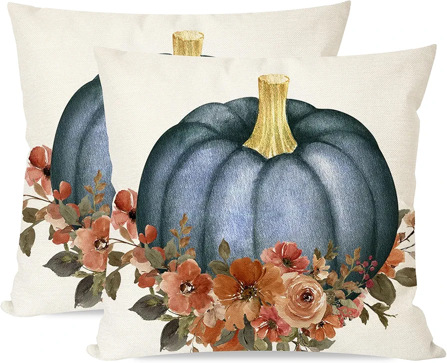 Navy Blue Pumpkin Fall Throw Pillow Covers 18x18 Inch Set of 2 Orange Floral Outdoor Farmhouse Autumn Thanksgiving Decorations Decorative Throw Pillows Cases for Home Living Room Porch Decor