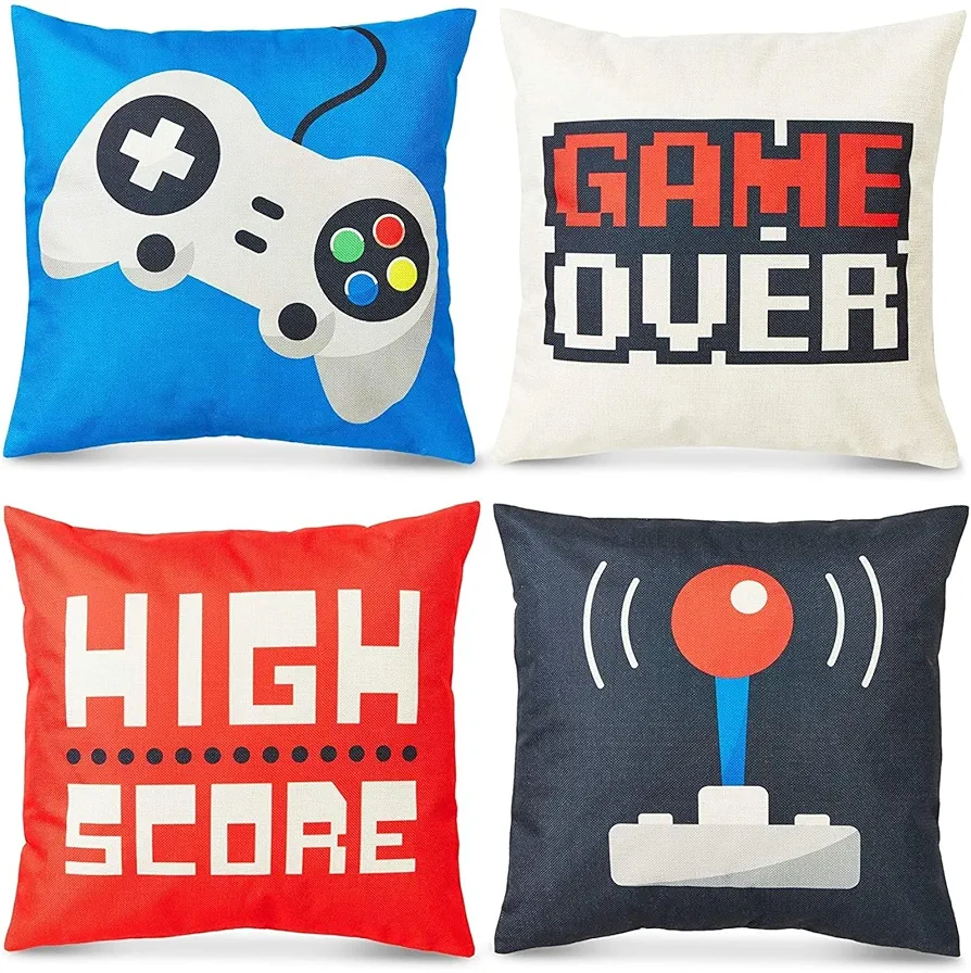 Juvale Decorative Throw Pillow Covers, Video Games (18 x 18 Inches, 4 Pack)