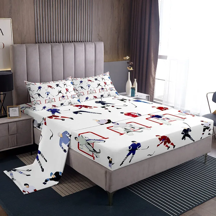 Ice Hockey Sheet Set Twin Kids Sports Event Bedding Set Hockey Player Bed Sheets for Boys Bedroom Decor Soft Winter Sports Hockey Puck Bed Set (Twin Flat Sheet & Fitted Sheet with 1 Pillow Case)