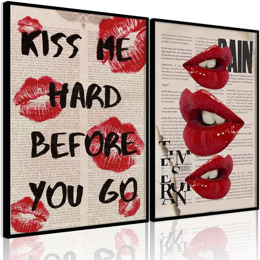 QGNBGBJ 2Pcs Fashion Canvas Wall Art Trendy Preppy Wall Decor Funky Red Lips Posters Retro Newspaper Picture Prints College Girls Aesthetic Room Decor Y2K Girly Dorm Bedroom Decor Unframed(12x16in)