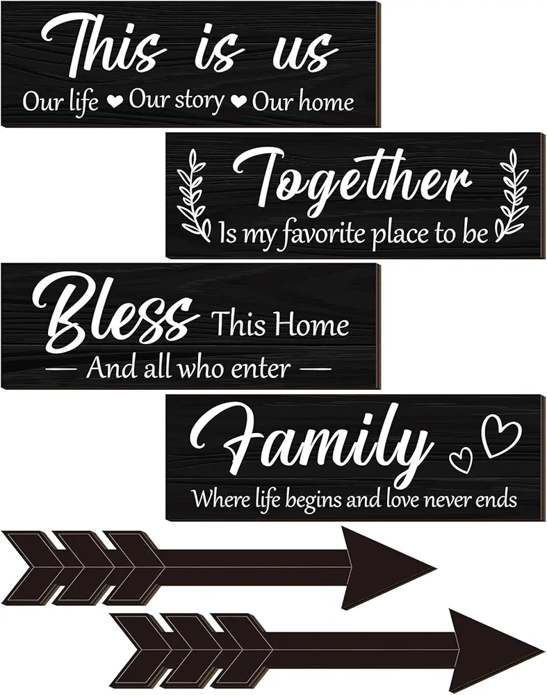 6 Pcs Home Wall Decor Signs, Rustic Wooden Living Room Hanging Decorations with Quotes THIS IS US, TOGETHER, BLESS, FAMILY, for Farmhouse Kitchen Office Living Room Bedroom Gift, Black