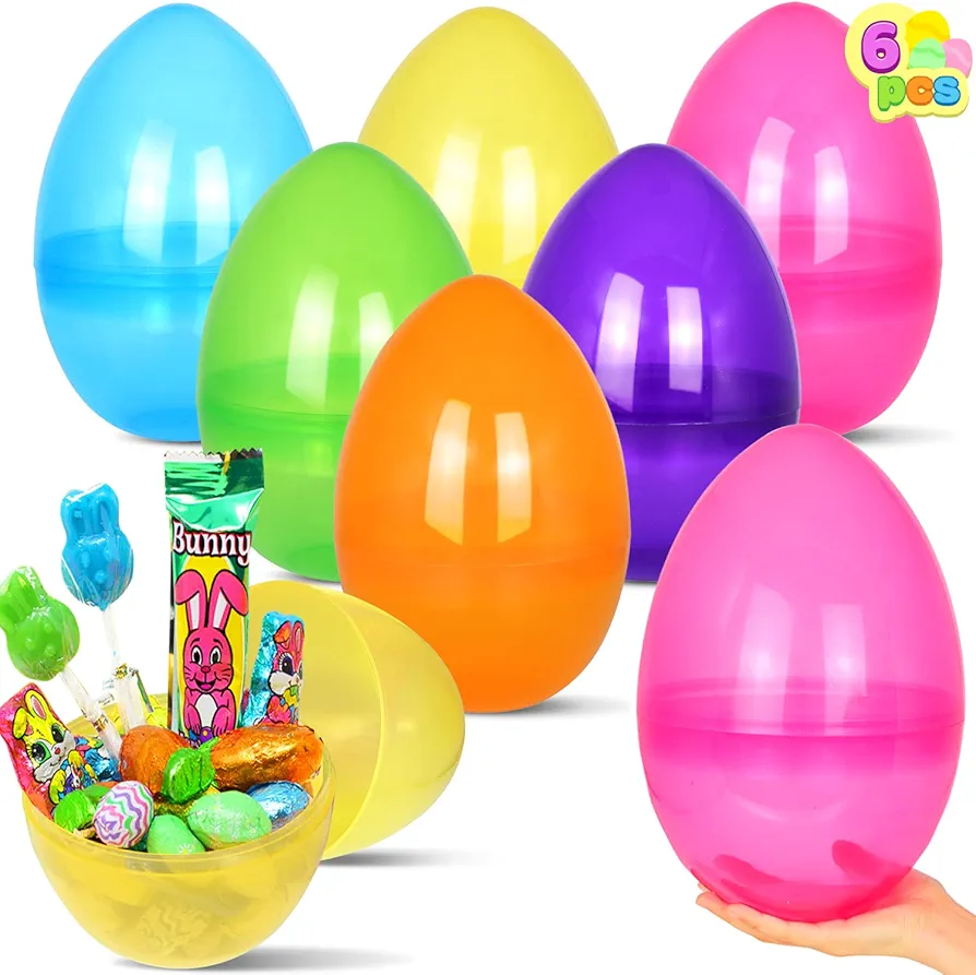 JOYIN 6 Pcs 10" Jumbo Easter Eggs Transparent Colorful for Easter Eggs Hunt, Easter Basket Stuffers/Fillers, Filling Treats, Party Favor, Classroom Prize Supplies