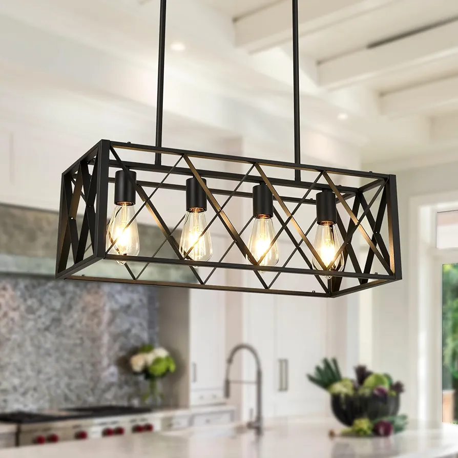 Kitchen Light Fixture Black Farmhouse Chandelier for Dining Room Rectangle Kitchen Island Pendant Lighting 4-Light Metal Industrial Linear Chandelier for Living Room