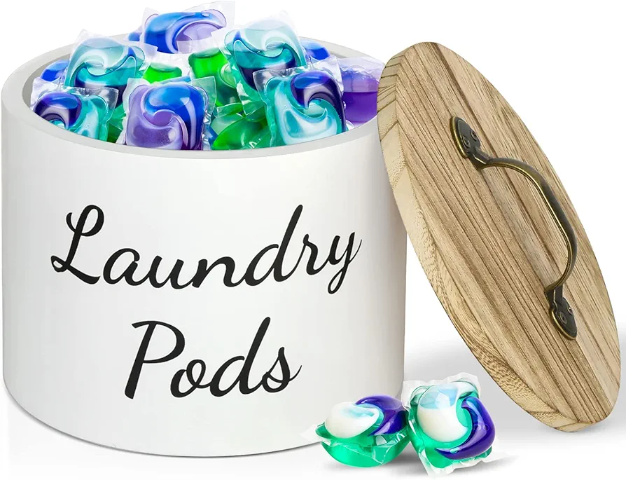 Lzhevsk Laundry Pods Container with Lid for Laundry Room Decor, Wood Laundry Pods Holder Dryer Sheets Fabric Softener Dispenser, Farmhouse Laundry Room Organization and Storage