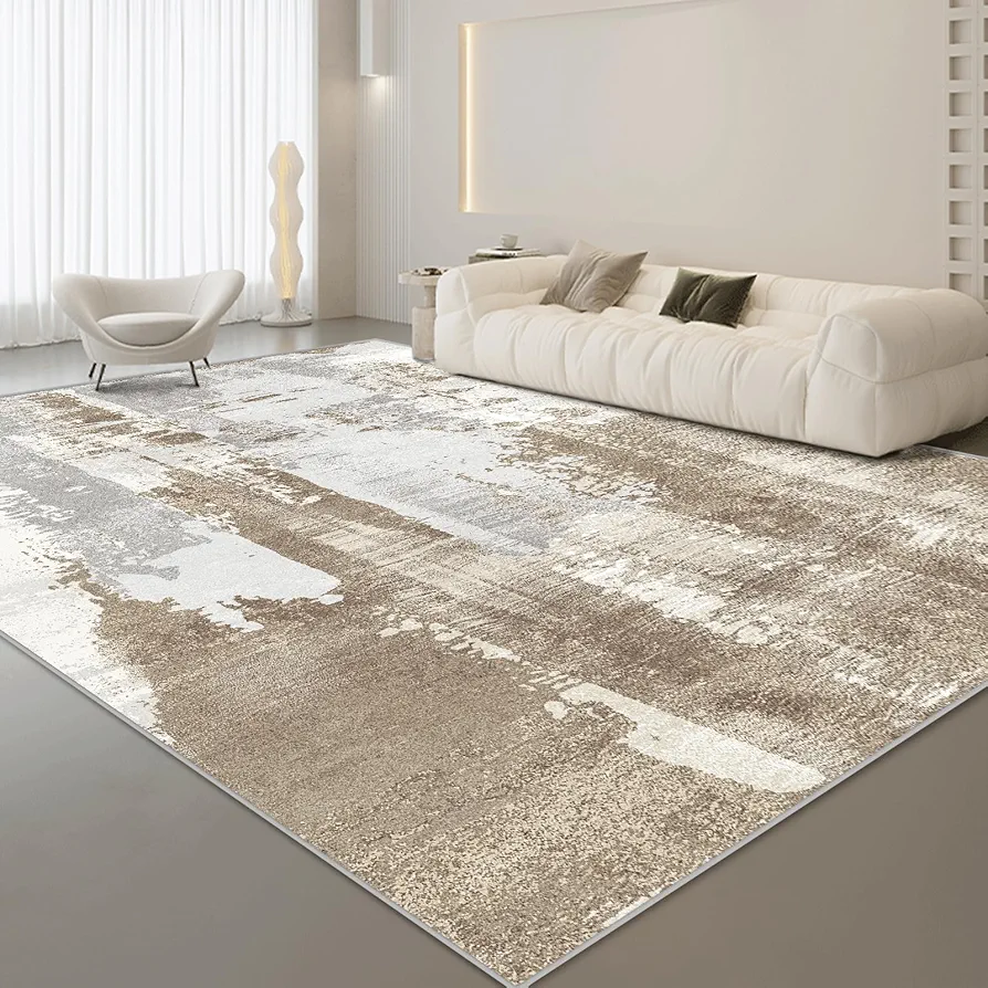 Washable Rug Modern Area Rug 8x10 Low Pile Bedroom Rug, Thin Living Room Rug with Non Slip Backing No Shedding Large Area Rug Lightweight Abstract Machine Washble Rug for Home, Brown