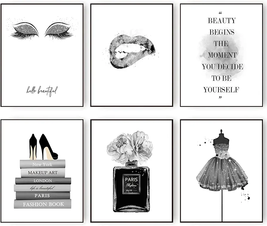 Admmixoo Fashion Wall Decor Girls Room Decor Glam Silver Gray Wall Art Prints Mini Black Skirt, Flower Perfume Bottle, Book, Lips Motto Posters Prints Bedroom Decor (8"x10" UNFRAMED)