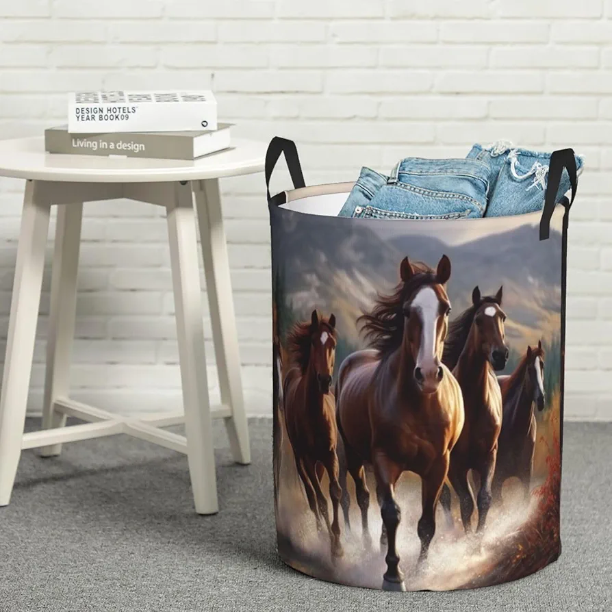 Large Laundry Basket Horses Laundry Hamper Collapsible Laundry Baskets Freestanding Waterproof Laundry Bag for Bedroom Bathroom Laundry Room, Small, Black, 65HG6FD54H6