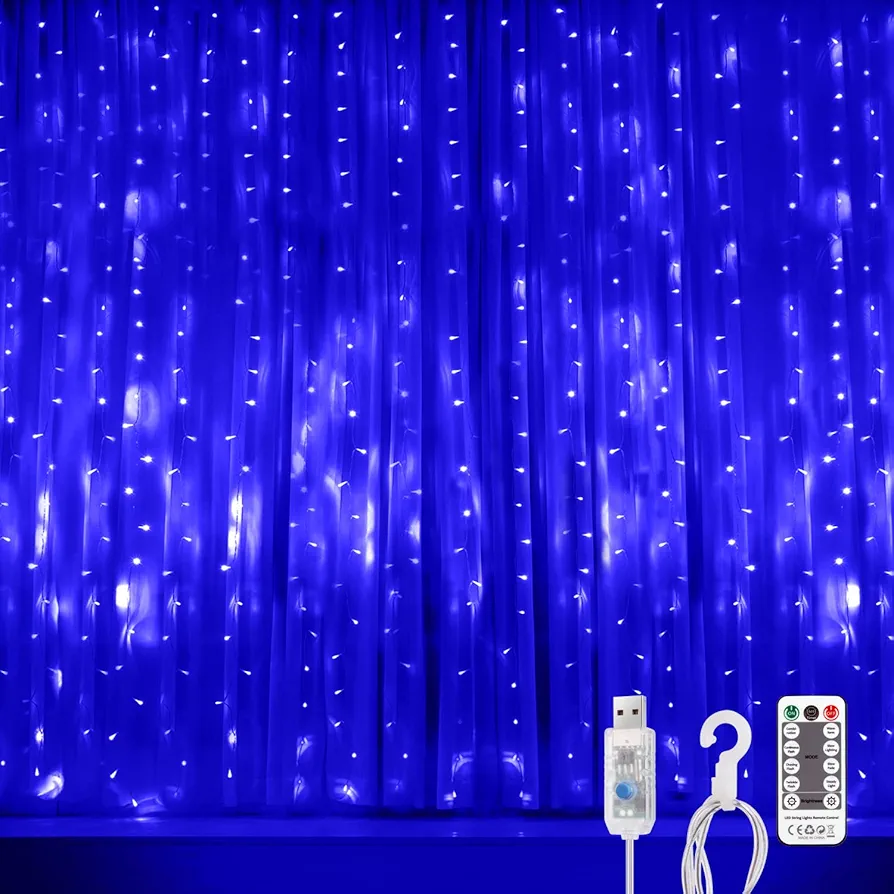 Window Curtain String Light USB Plug in 8 Modes Wall Light Up Curtains Led String Lights with Remote Controller for Indoor Outdoor Bedroom Window Wedding Party Decoration(Blue)