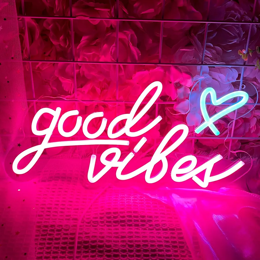 Good Vibes Neon Signs for Wall Decor, Pink Neon Lights Sign with Heart, LED Neon Light for Bedroom Dorm Girl Studio Party - 16 x 8 inch