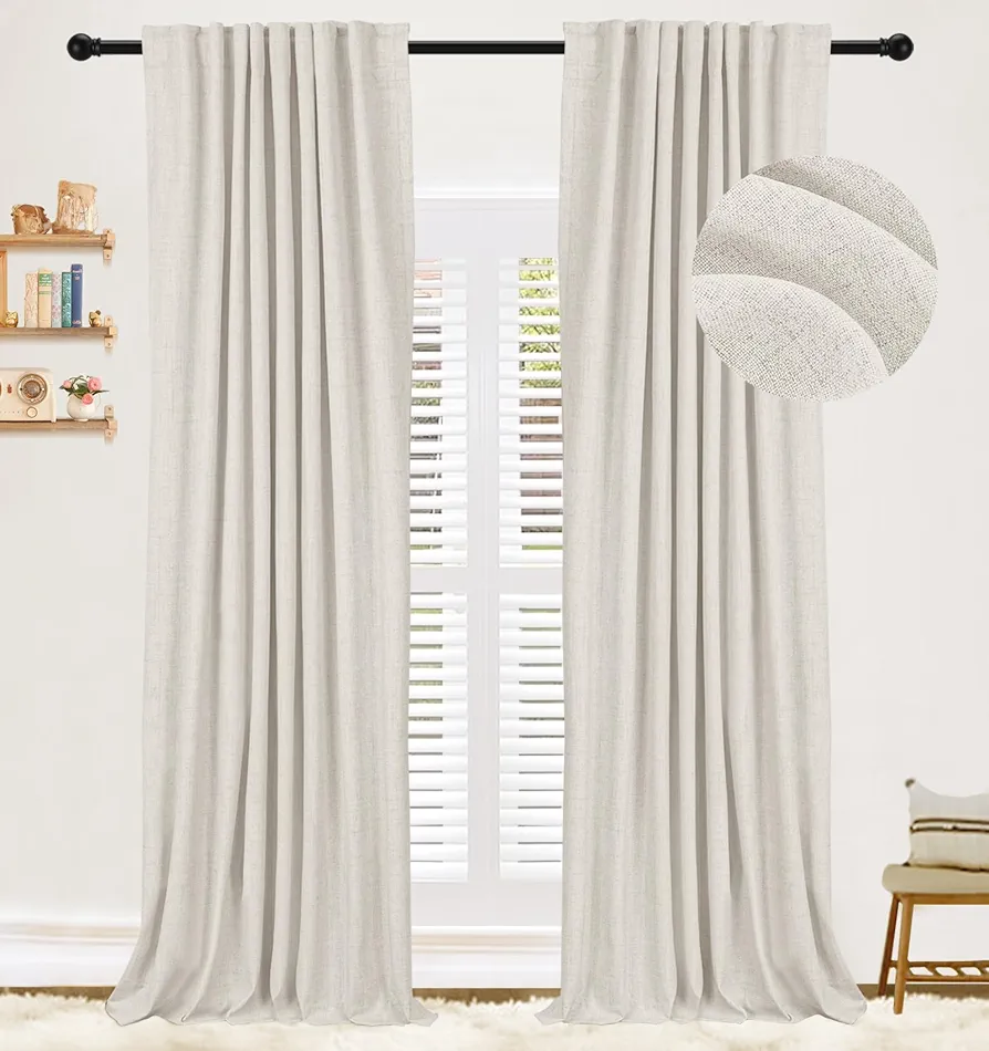 100% Blackout Shield Linen Blackout Curtains 96 inches Long,Back Tab/Rod Pocket Thermal Insulated Blackout Curtains for Bedroom/Living Room,Energy Efficient Drapes,52" W x 96" L,Beige