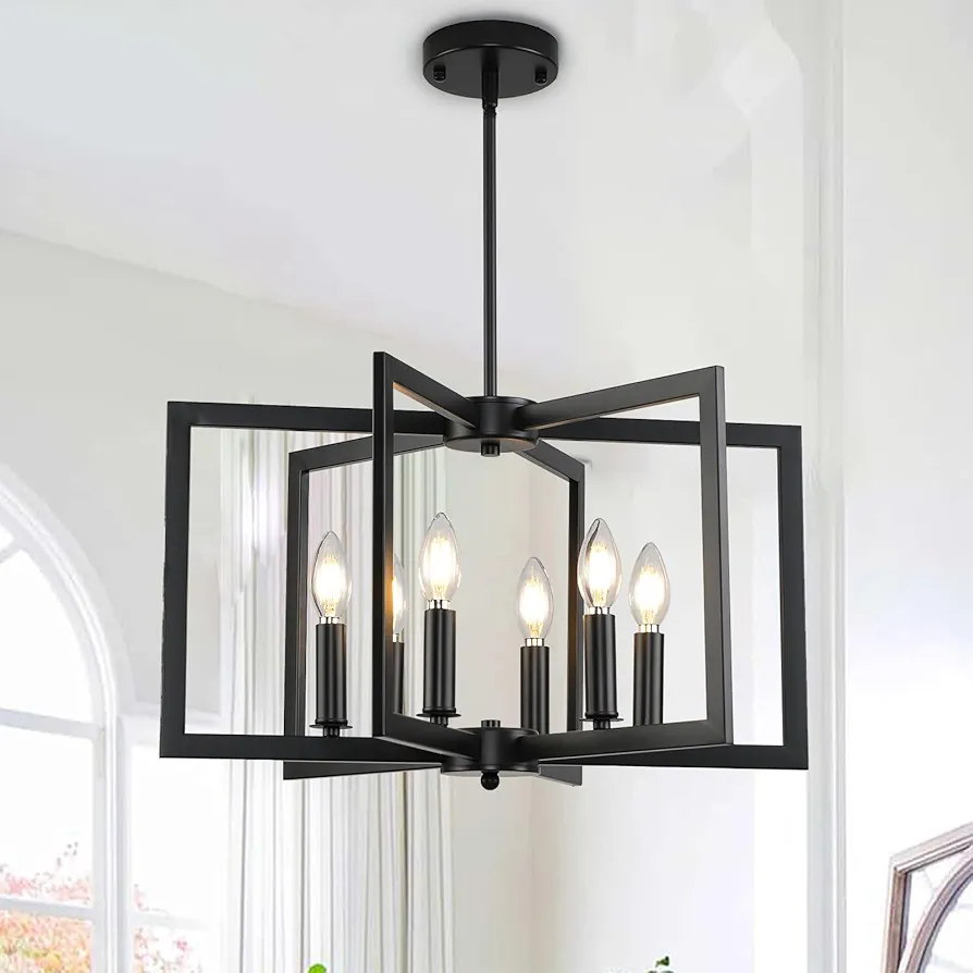 Black Chandelier, 6 Light Dining Room Light Fixture Industrial Farmhouse Hanging Chandelier Modern Geometric Pendant Lighting for Kitchen Island Entryway Hallway Foyer