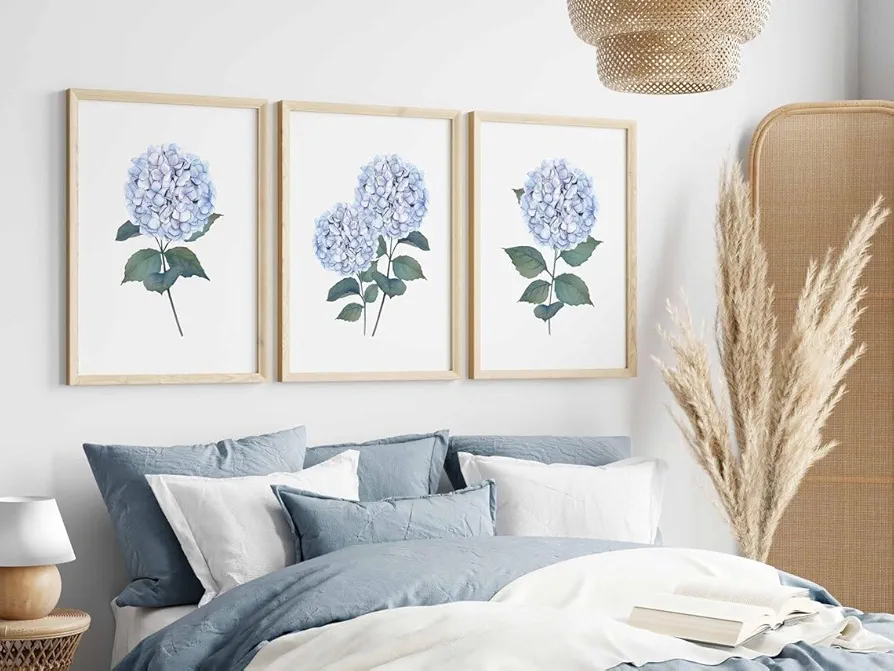 DOLUDO 3 Pieces Blue Hydrangea Wall Art Print Watercolor Botanical Floral Canvas Painting Modern Living Room Home Decor Ready To Hang