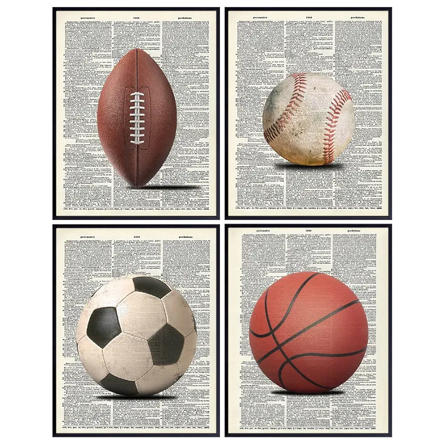 Basketball, Baseball, Football, Soccer, Futbol Wall Art Set - Gift or Home Decor for Boys Bedroom, Teens Room, Men, Game Room, Sports Bar, Bedroom, Man Cave - Unique Decoration Poster Print, 8x10